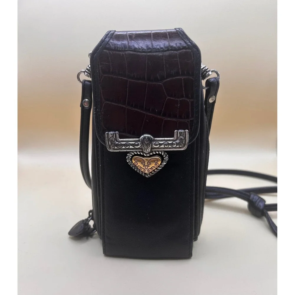 Brighton‎ Black Brown Croc Leather Crossbody Phone Bag Silver/Gold Heart - Picture 2 of 12
